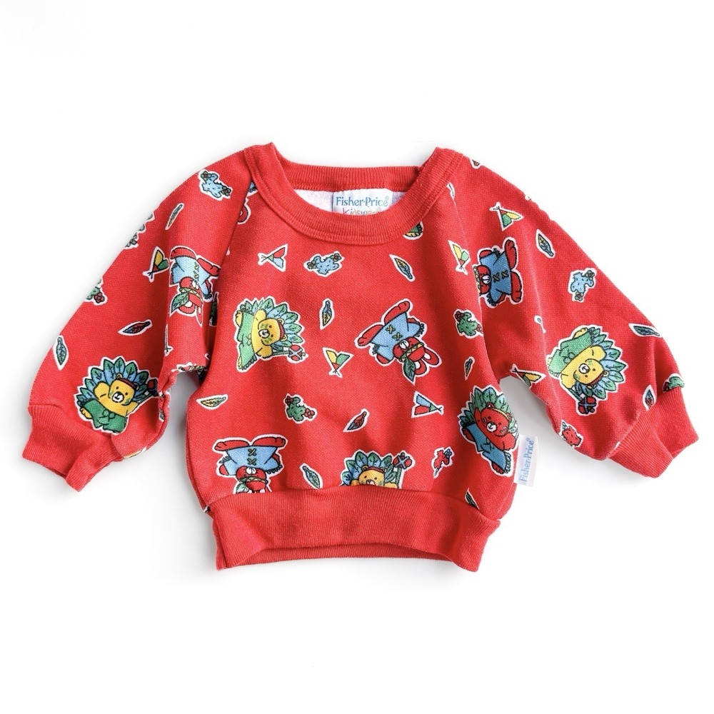 Vintage Fisher Price Sweatshirt Teddy Bear Bunny Teepee USA Baby Boy Girl 6M AOP